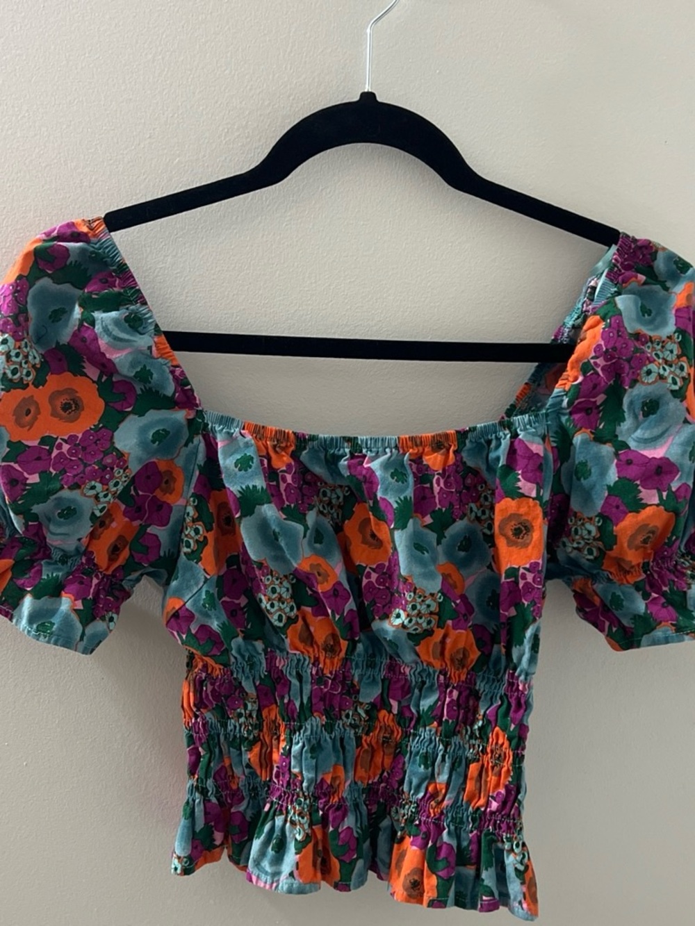 Lush Floral Smocked Off-Shoulder Crop Top in Teal, Orange & Purple